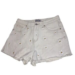 Sixty-siX Ivory Denim Shorts W/Embroidered Daisies Sz 7 frayed hem Teen Whimsy